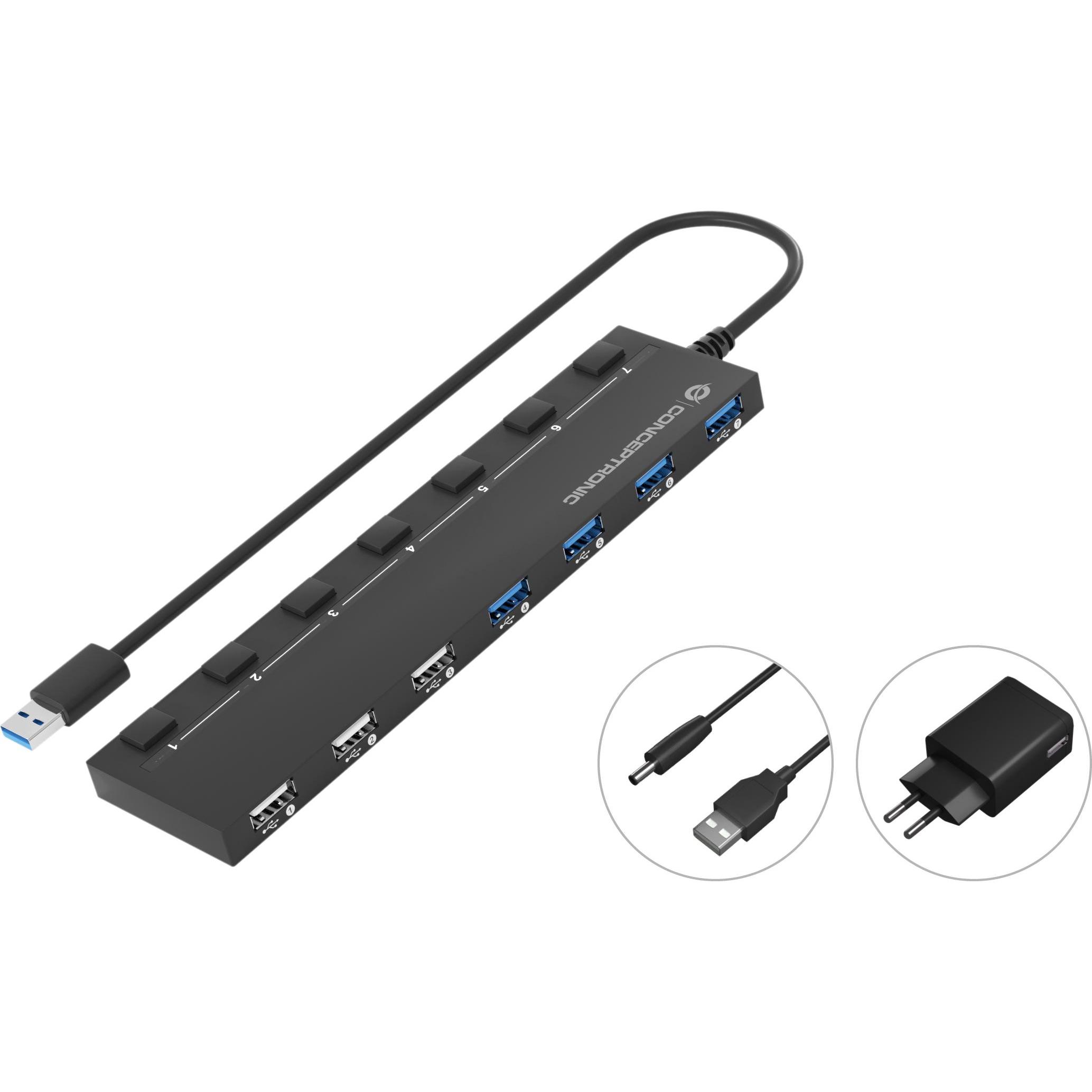 Conceptronic HUBBIES09BP (USB-A, 7 Ports), Dockingstation + USB Hub, Schwarz
