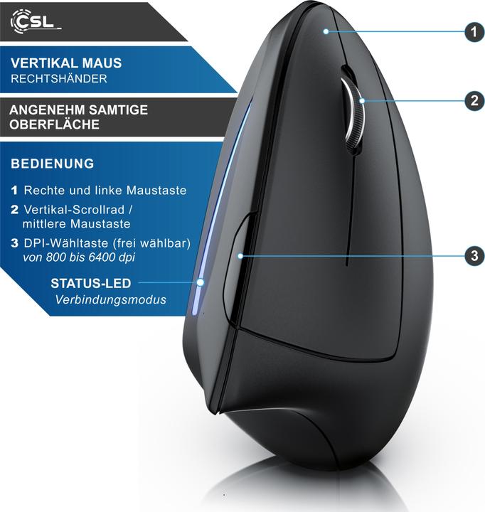 Immagine prodotto CSL Ergonomische Maus Vertikalmaus, 6 Tasten, 800-1600 DPI, Wireless 2,4 Ghz mit USB Dongle, schwarz (Senza fili)