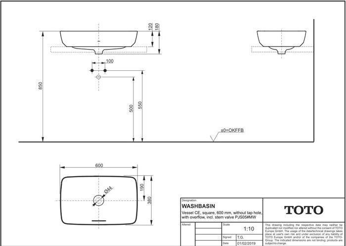 Actual product image TOTO CE Countertop washbasin 60cm o HL m ÜL u Schaftvent eck we matt (380 mm, 600 mm)