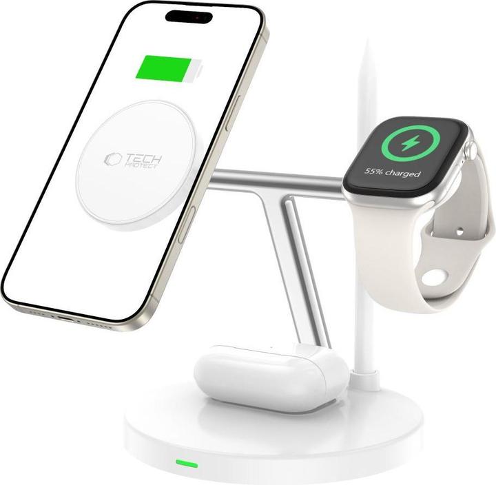 Productafbeelding Tech-Protect QI15W-A35 3in1 inductieve oplader met MagSafe voor telefoon / AirPods / Apple Watch - wit (15 W)