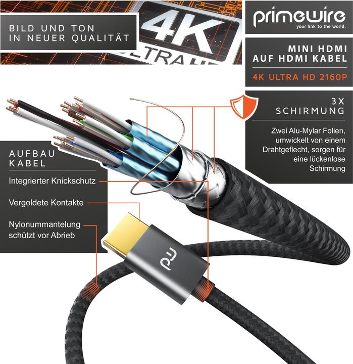 Image du produit Primewire Câble mini HDMI vers HDMI, Type C vers Type A, câble adaptateur miniHDMI 4K 3840 x 2160 @ 60 Hz (5 m, HDMI)