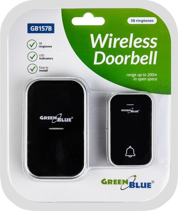 Productafbeelding Greenblue Dzwonek bezprzewodowy bezbateryjny kinetyczny, 38 melodii, czarny, zasięg do, IP44, GB157 (Draadloze, Radio)