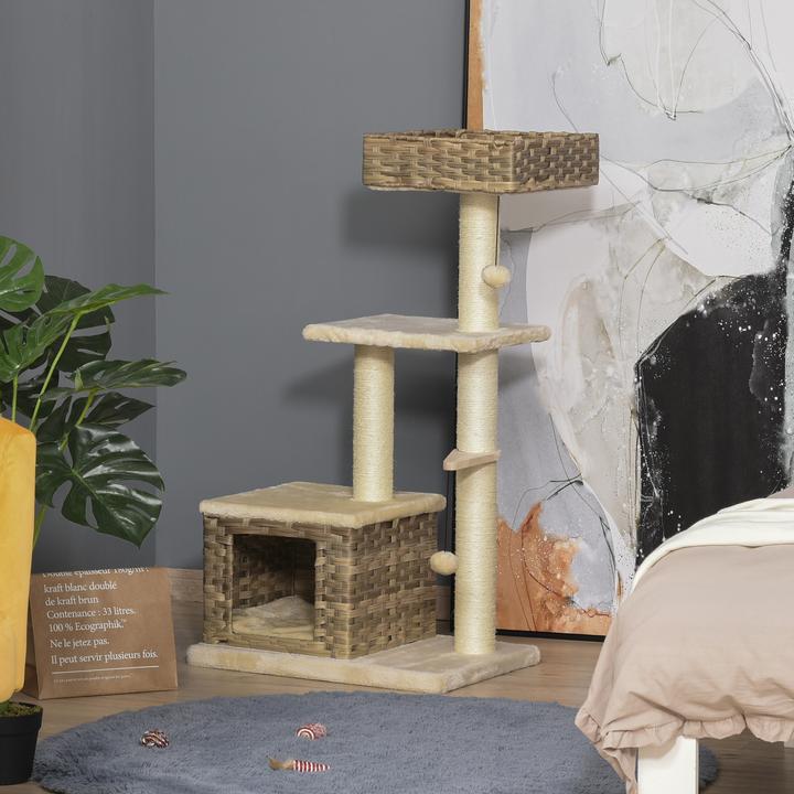 Actual product image PawHut Cat tree with rattan cave (109 cm, Brown, Beige)