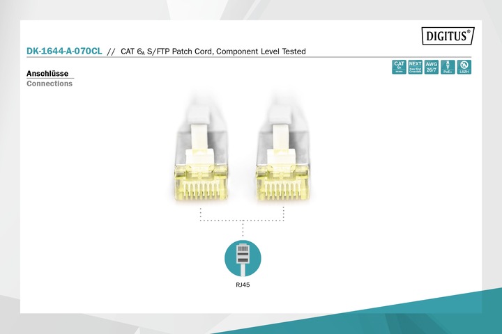 Image du produit Digitus Cordon de raccordement S/FTP CAT 6A, testé au niveau des composants (S/FTP, CAT6a, 7 m)