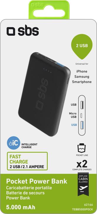 Immagine prodotto SBS Pocket Power Bank 5000 mAh (5000 mAh, 5 W, 18.50 Wh)