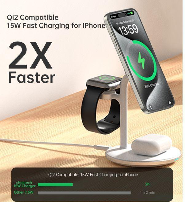 Actual product image Choetech T585-F Qi2 3-in-1 magnetic wireless charger (15 W)