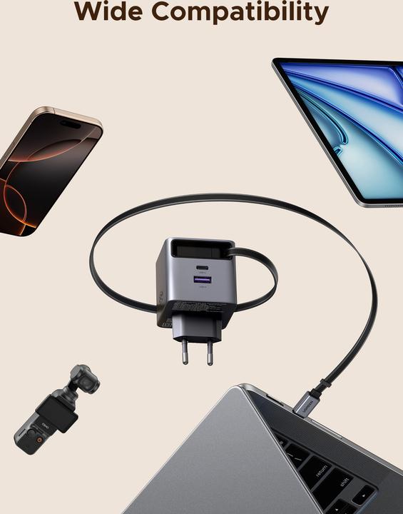 Actual product image Ugreen Wall GaN Charger- Retractable Cable (65 W, 3 ports)