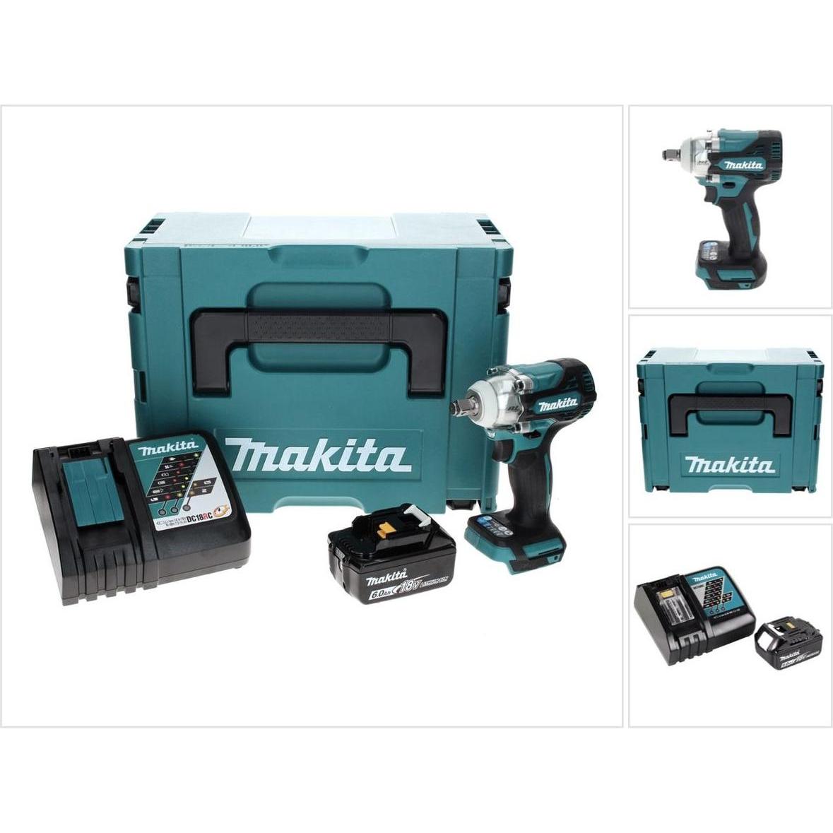 Makita, Bohrmaschine + Akkuschrauber, DTW 300 RG1J Akku Schlagschrauber 18 V 330 Nm 1/2" Brushless + 1x Akku 6,0 Ah + La...