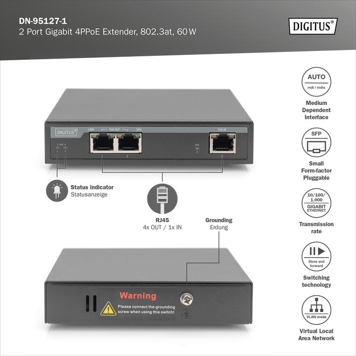 Produktbild Digitus 2-Port Gigabit 4PPoE Extender, 802.3at, 60 W (3 Ports)