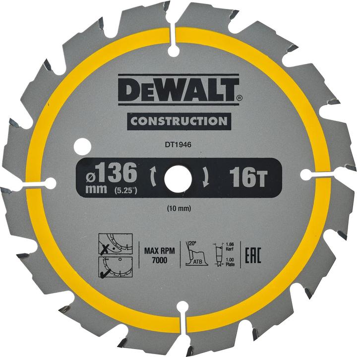 DeWalt Ø 136/10mm cirkelzaagblad voor accuzaag 16W tandenDT1946