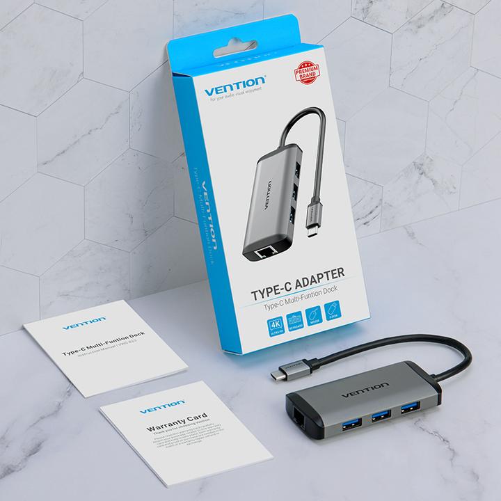 Actual product image Vention USB-C Docking Station to HDMI, 3x USB3.0, RJ45, PD 0.15m CNCHB, grey (USB-C, 5 Ports)