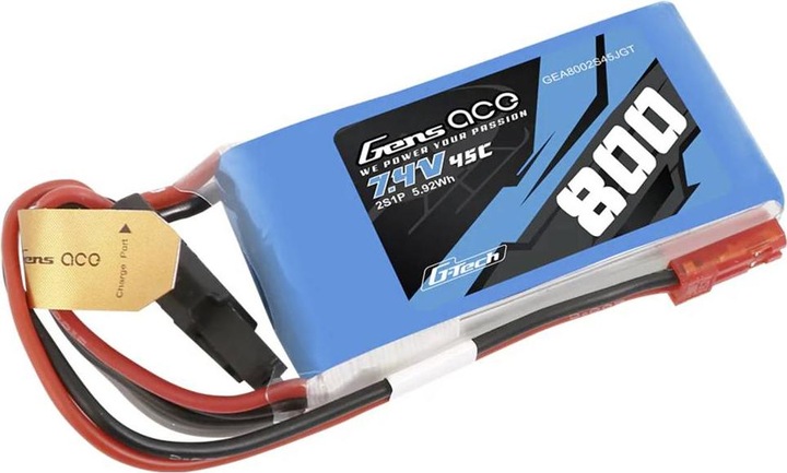 Actual product image Gens Ace G-Tech Lipo 800mah 7.4V 45C 2S1P Lipo Battery Pack (7.40 V, 800 mAh)
