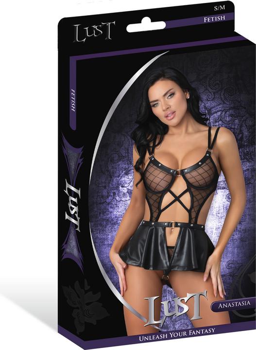 Actual product image Male Power Anastasia - Cami Open Scrotch Skirt Panty and Bra with Rings and Studs - S/M - Black (M, S)