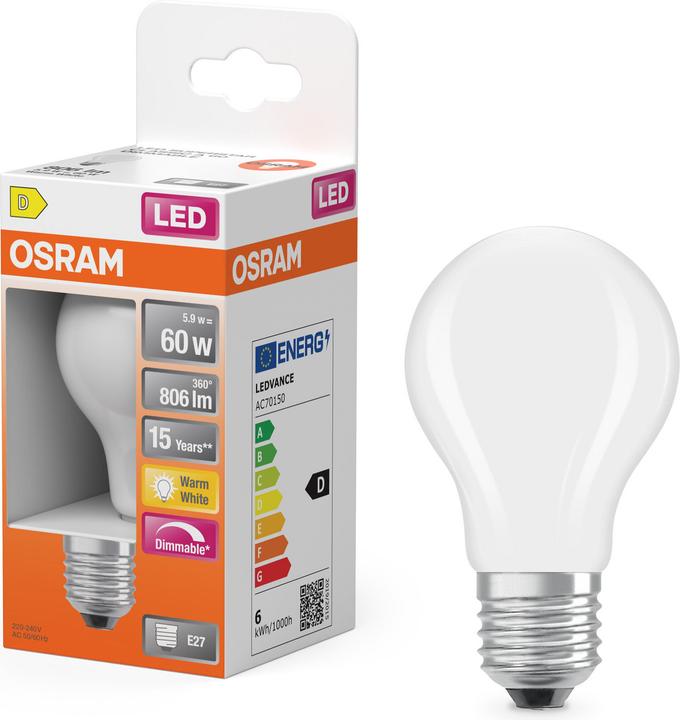 Immagine prodotto Osram LED Superstar Classic A 60 Filamento DIM 5,9W 827 Smerigliato E27 (E27, 5.90 W, 806 lm, 6 x, D)