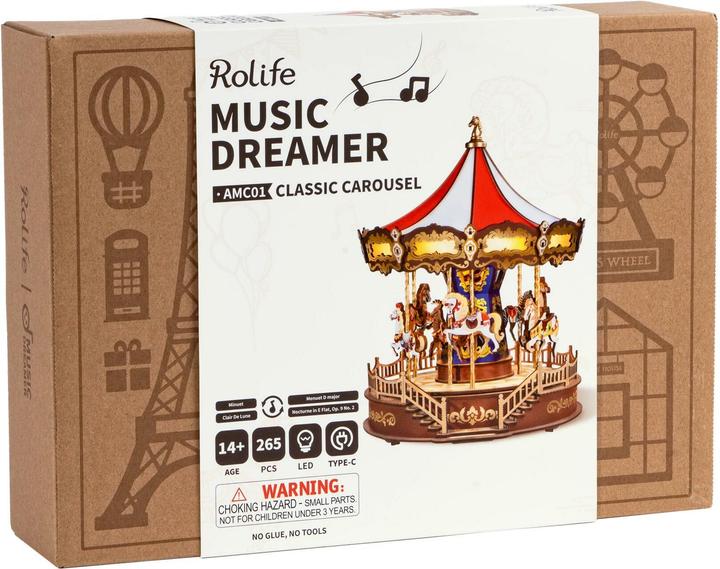 Image du produit Robotime Rolife Κατασκευή DIY Ξύλινο Παζλ 3D Μουσικό Κουτί Classic Carousel 265 κομμάτια για 14+ ετώ