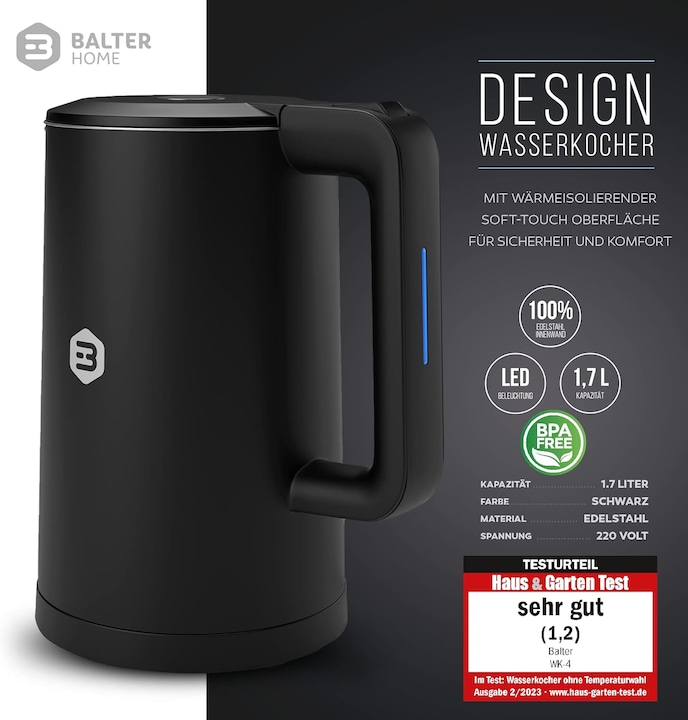 Produktbild Balter Wasserkocher 1,7 L, Edelstahl, 2200 W – kabellos, Kalkfilter, Cool-Touch-Griff, Schwarz (1.70 l)