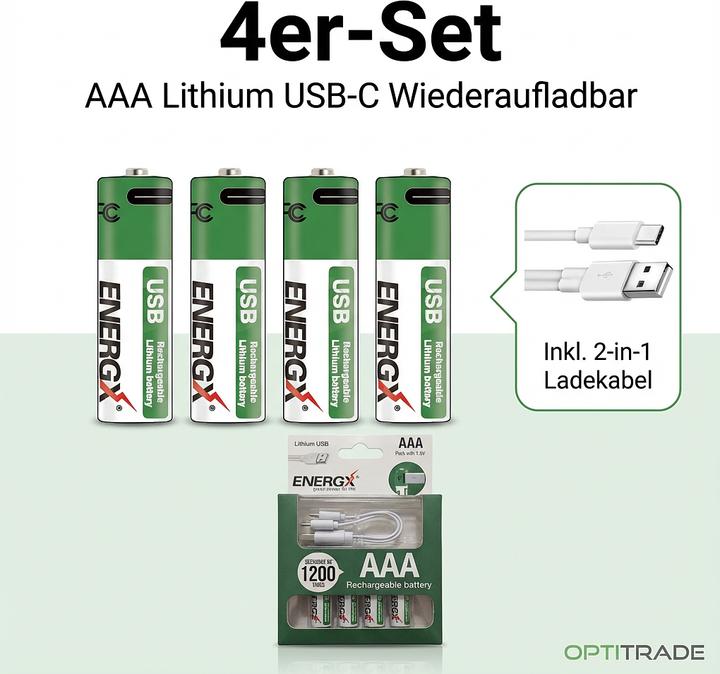Image du produit Champ Batterien Wiederaufladbare AAA Lithium mit USB-C – 4er-Set (4 pcs, AAA, 14 mAh)