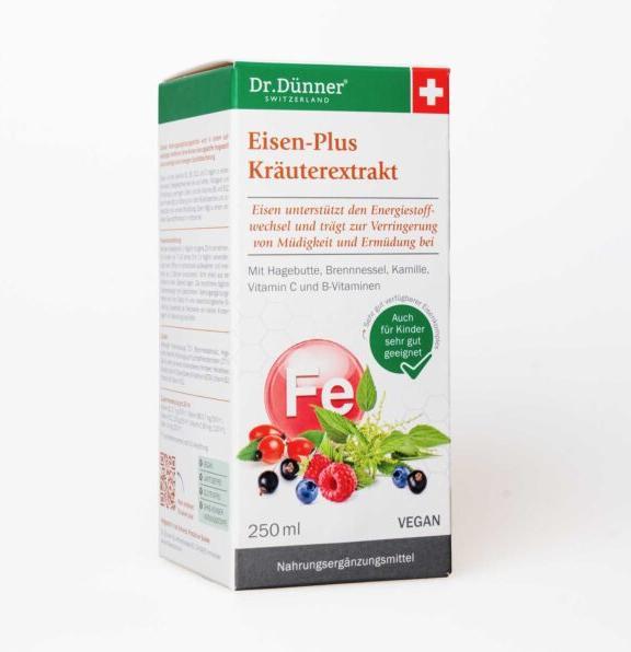 Actual product image Dr. Dünner Iron-Plus herbal extract with rosehip, nettle, camomile, vitamin C and B vitamins (250 ml)