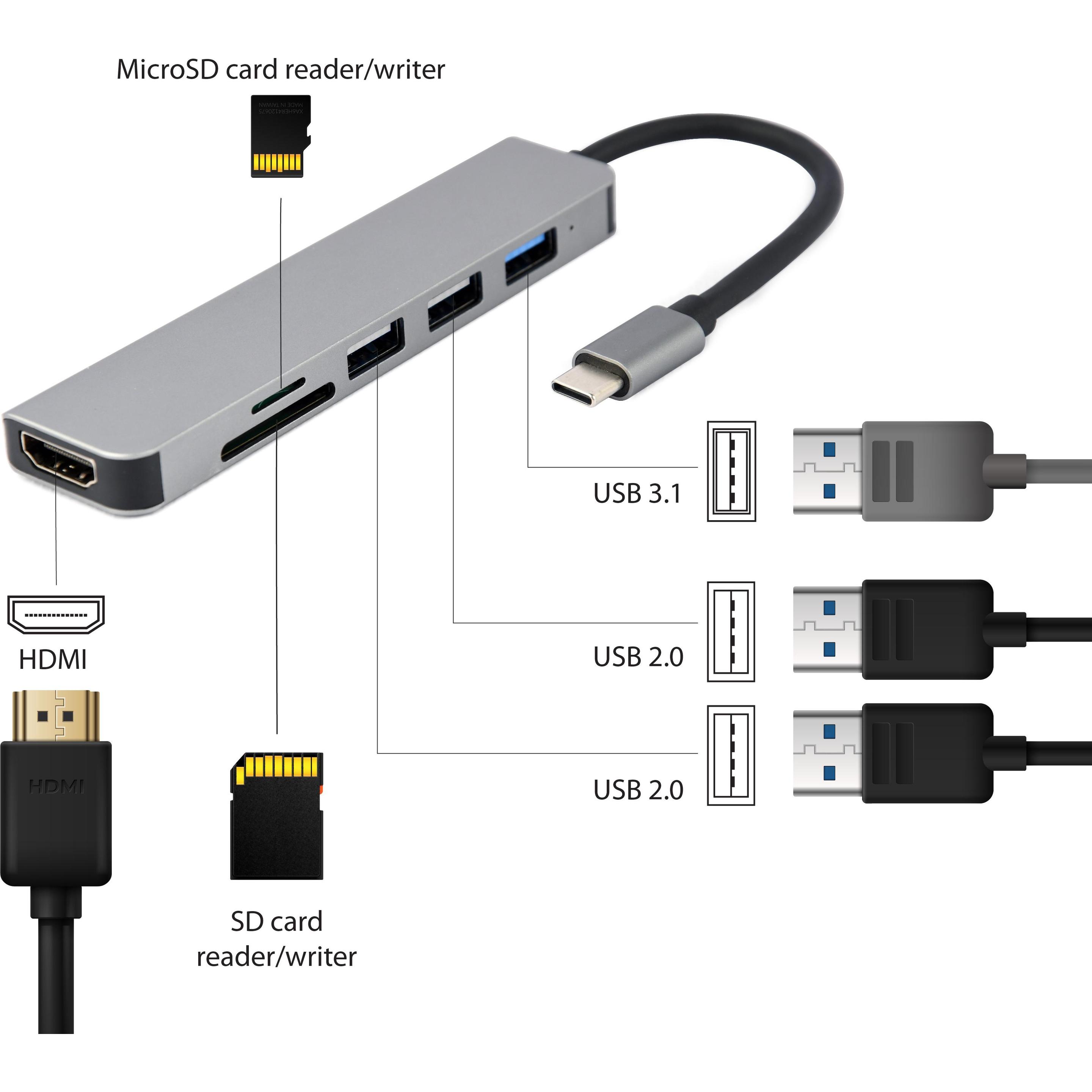 Thumbnail - Gembird A-CM-COMBO6-02 (USB-C, 6 Ports), Dockingstation + USB Hub, Grau