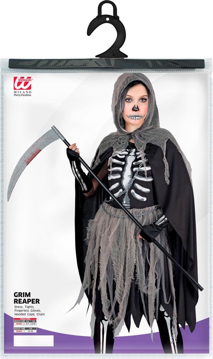 Produktbild Widmann Sensegirl Kinderkostüm Kleid, Strumpfhose und Handschuhe mit Knochenprint, Umhang mit Kapuze, Ketten (128)