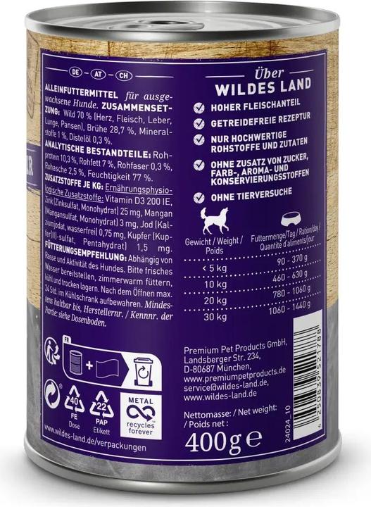 Nutritional values and ingredients Wildes Land Nassfutter Dog Adult Wild Pur mit Distelöl 400 (Adult, 6 pcs., 400 g)