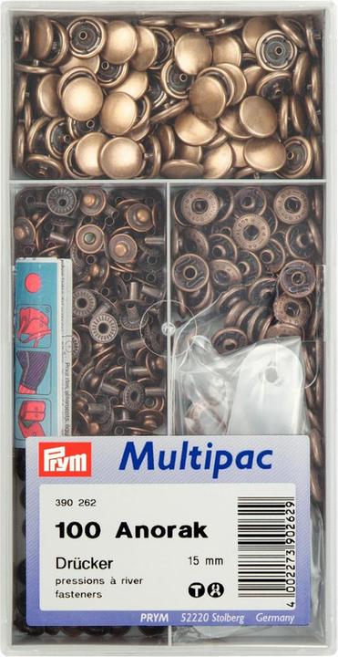 Prym Druckknopf Anorak, rostfrei, altmessing 15 mm, Dose 100 Stk., Multipack