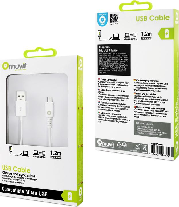 Actual product image Muvit Spring Cable Droit Charge & Sync 1a Usb/Micro-Usb 1m Blanc (1 m, USB 2.0)