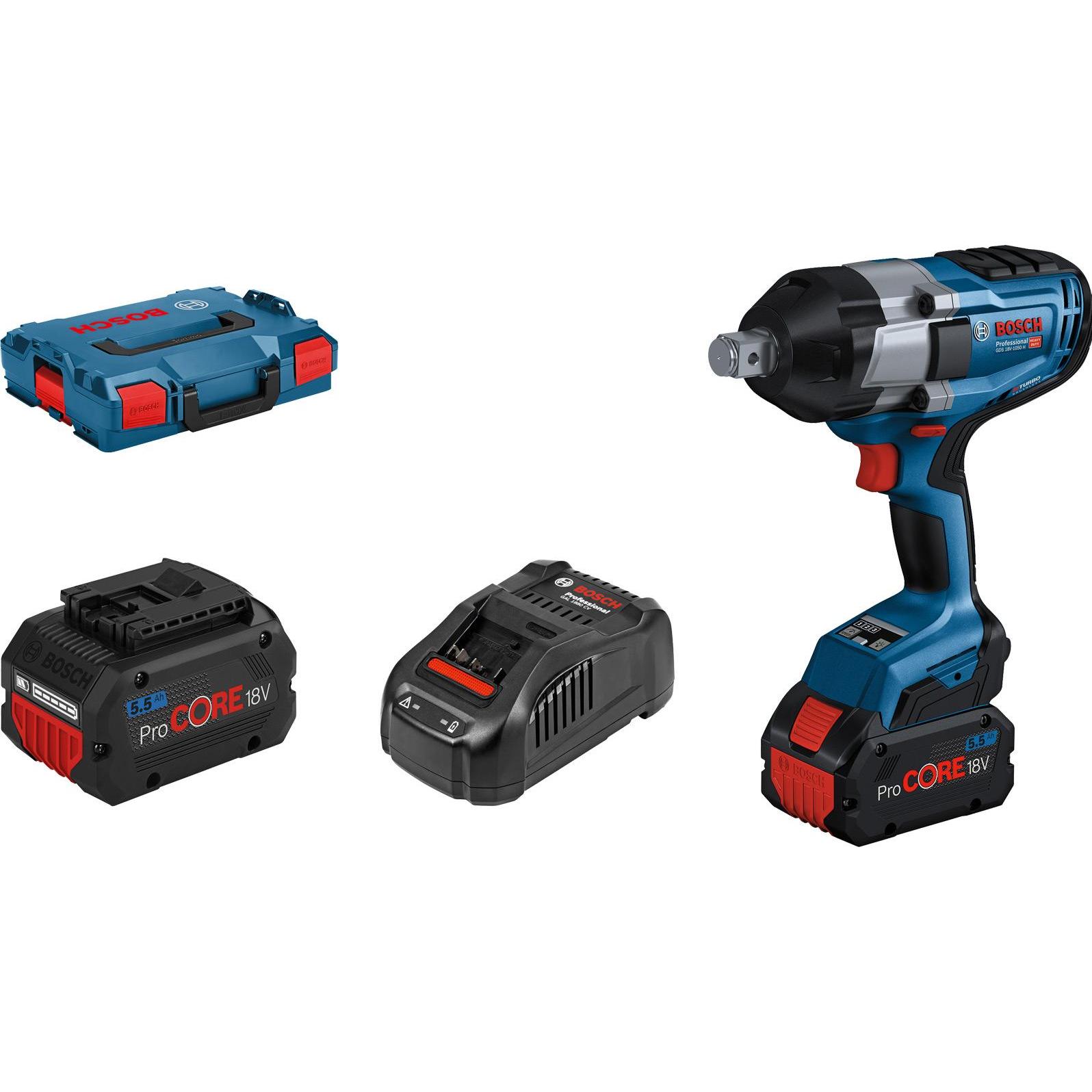 Bosch Professional, Trapano + Avvitatore a batteria, Avvitatore a impulsi a batteria GDS 18V-1050 H, 2 batterie ProCORE18V 5.5Ah, caricabatterie, L-BO