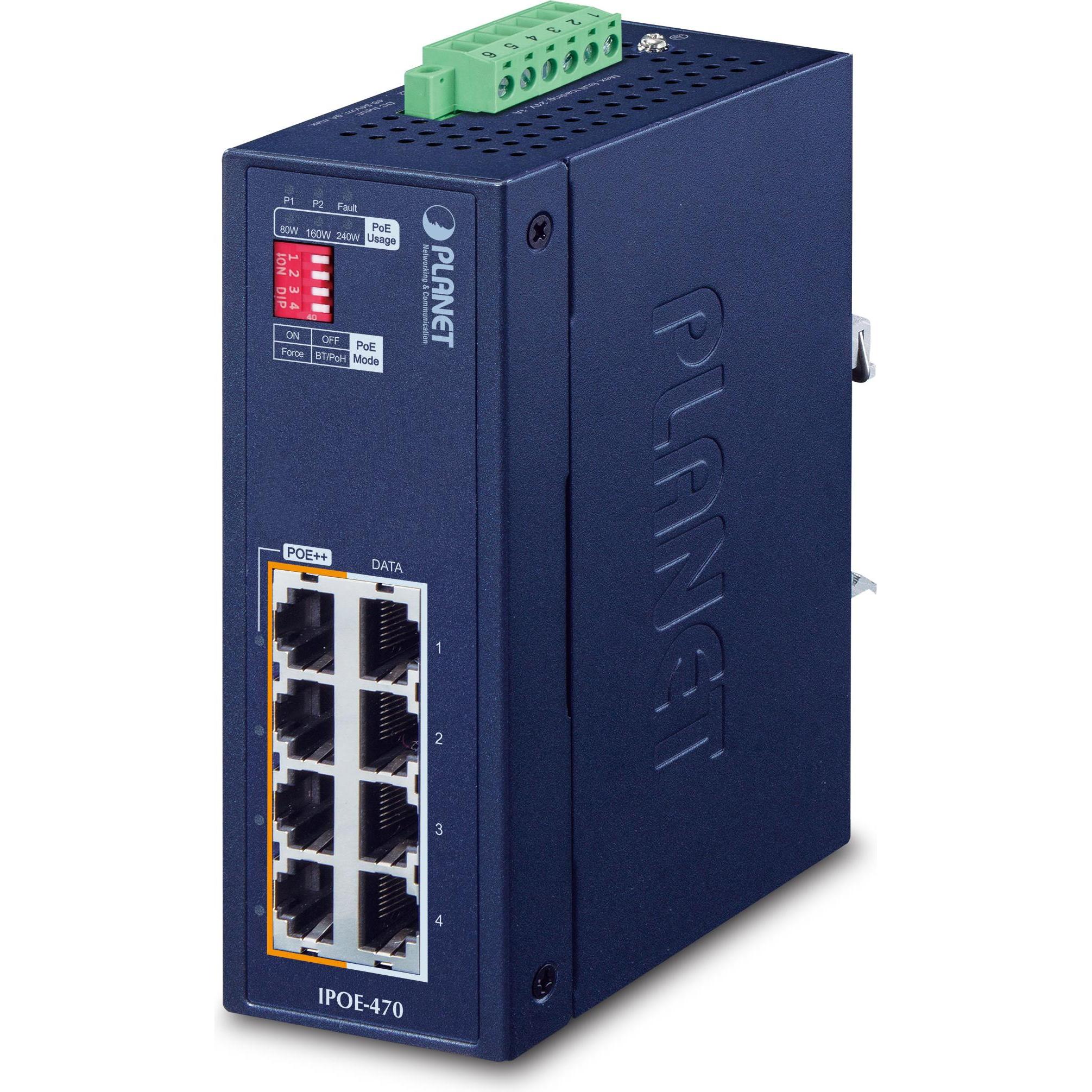 Planet Industrial 4-Port GE 802.3bt PoE++ Injector Hub (802.3bt (PoE++), 802.3at (PoE+), 240 W), PoE Injector