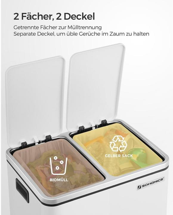 Produktbild Songmics Abfalleimer mit Inneneimern und Griffen 2 x 15 l, Weiss (15 l)
