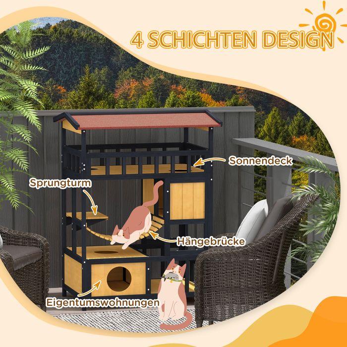 Produktbild Swisshandel24 Katzenhaus aus Holz Katzenhöhle mit Plattformen, Hängebrück für bis zu 2 Katzen (Katze)