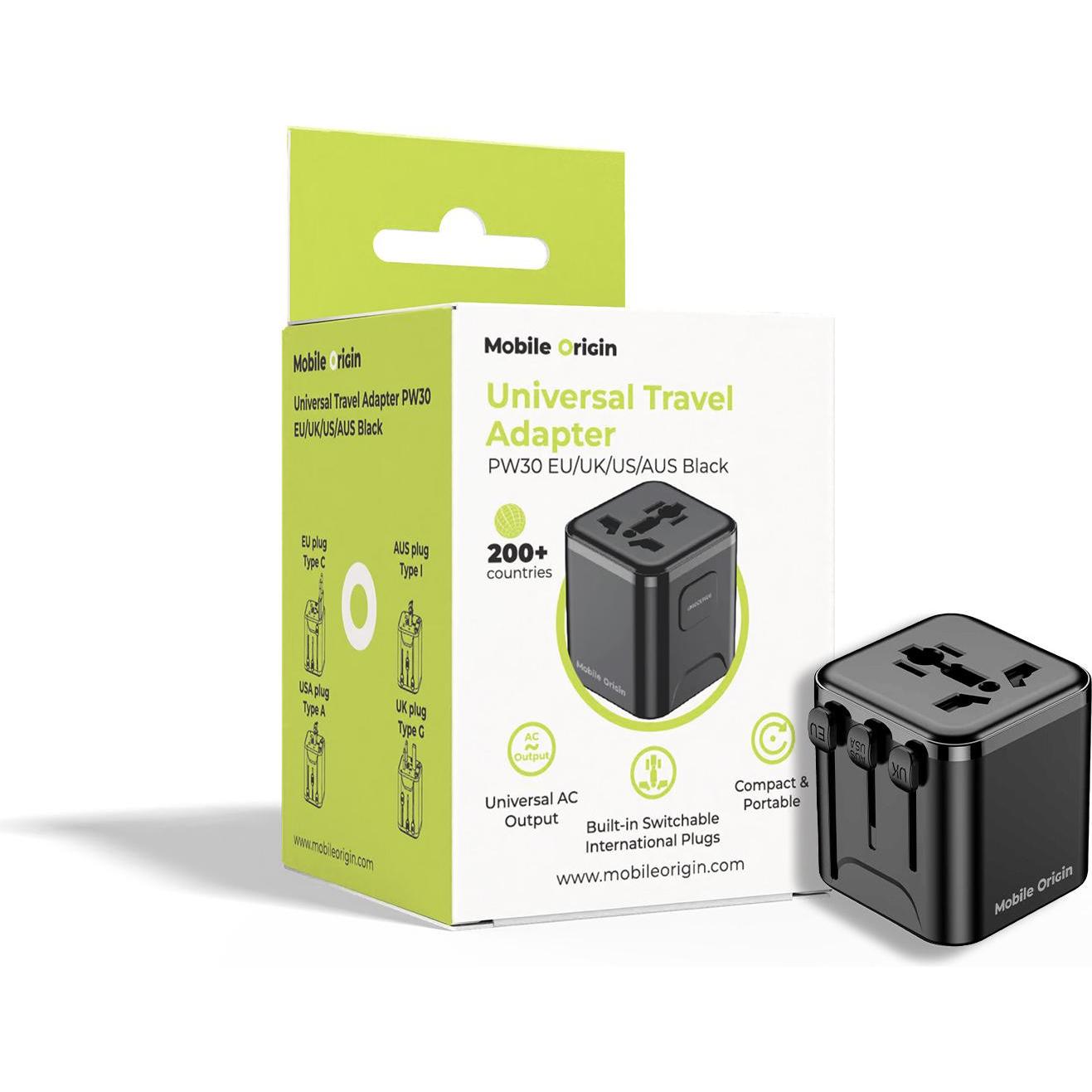Mobile Origin Universal Travel Adapter PW30 EU/UK/US/AUS Black, Caricatore USB, Nero