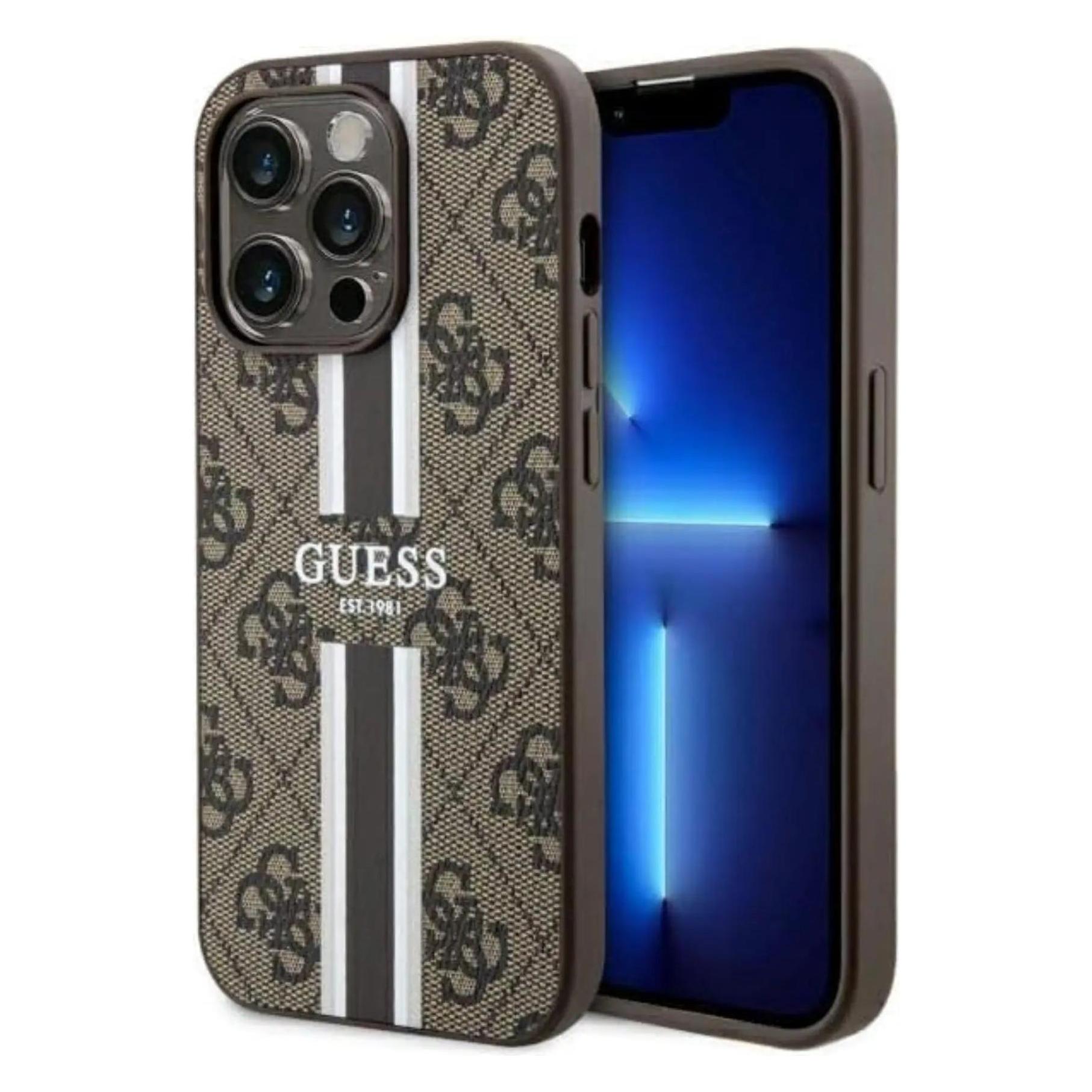 Guess GUHMP14LP4RPSW IPhone 14 Pro 6.1" Brązowy/brown Hardcase 4G Printed Stripes MagSafe (Apple IPhone 14 Pro), Smartphone Hülle, Braun