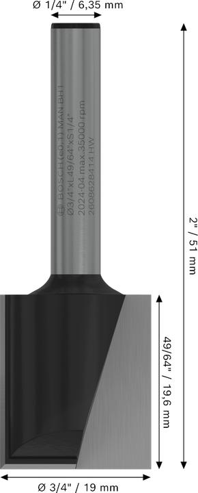 Actual product image Bosch Professional Zubehör Grooving cutter, 1/4-inch, D1 19 mm, L 19.6 mm, G 51 mm. For hand routers