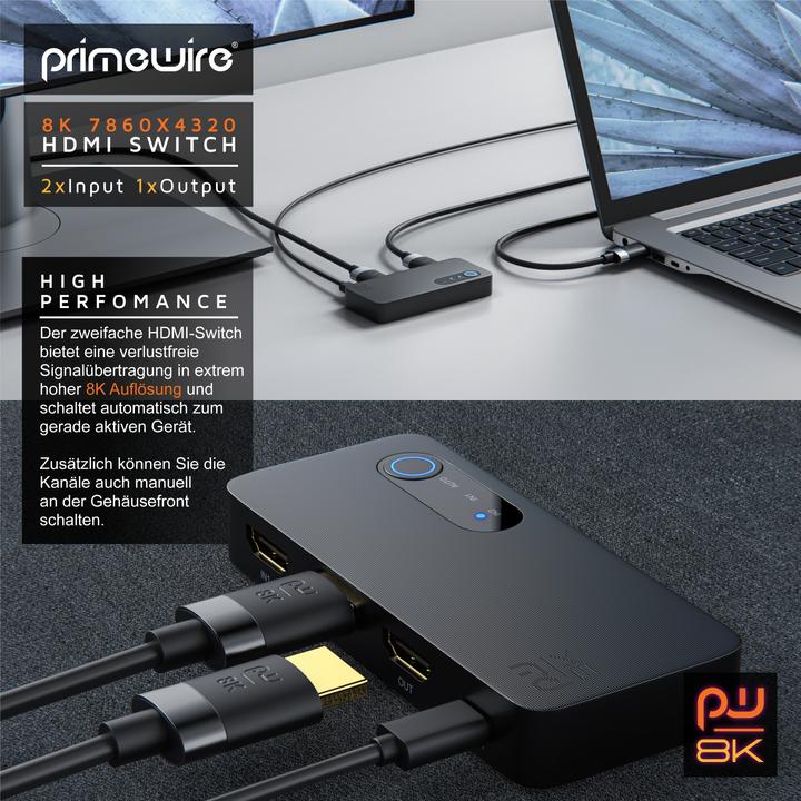 Actual product image Primewire 2-port HDMI splitter, 8K aluminium HDMI switch 2 in 1 Out UHD, distributor, switcher, 4K 3D HDR