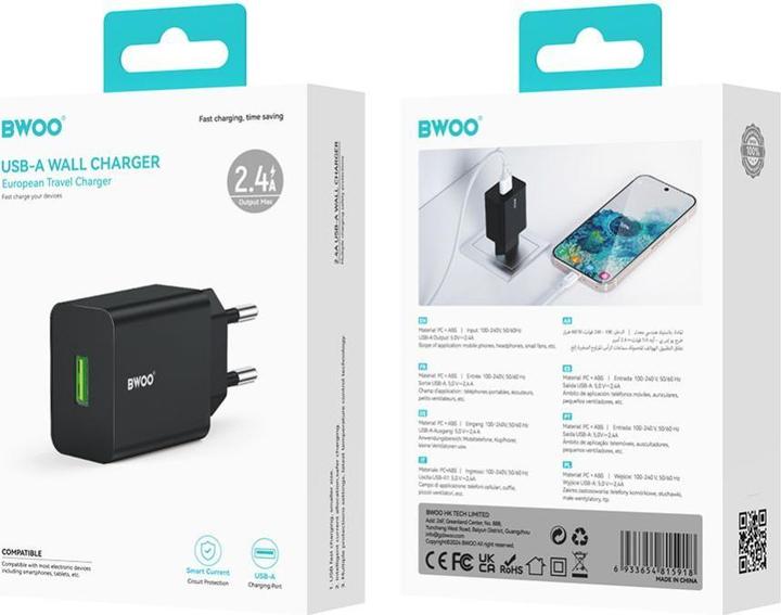Actual product image Bwoo wall charger CDA249 5V 2,4A USB-A, black (12 W, 1 portion)