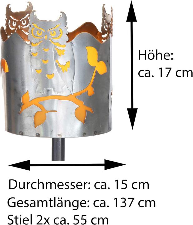Produktbild Novaliv Gartenfackel Eule Feuerschale Metall mit Stiel Brennmittel Solarlampe LED
