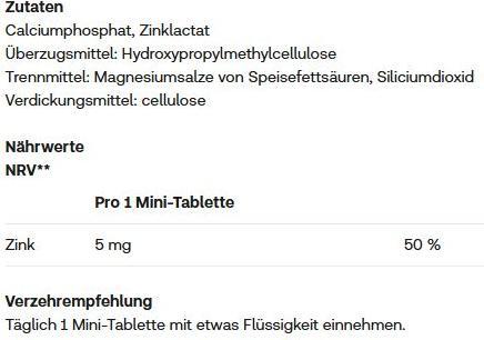 Nährwerte und Zutaten Burgerstein ZinkVital (150 Stück, Tabletten, 150 g)