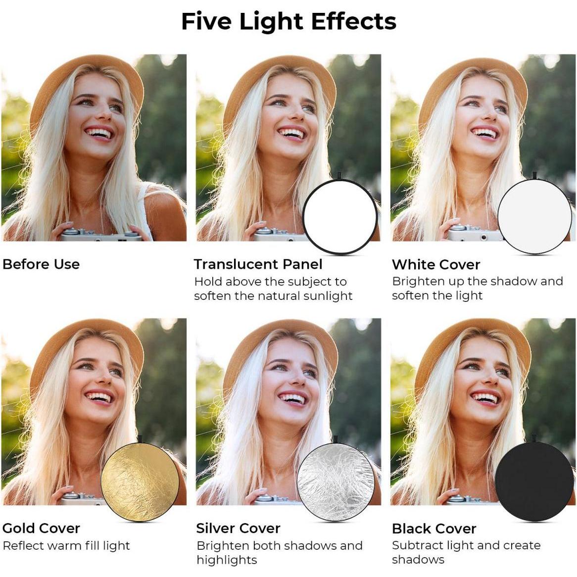 Thumbnail - K&F Concept 5 in 1 Circular Photography Reflector 107cm Gold Sliver Black White Translucent Panel Five Ligth Eff, Softbo...