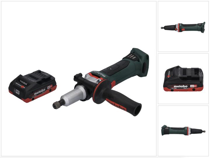 1x Metabo GA 18 LTX G Akku Geradschleifer, 1x Spannzange 6 mm, 1x Zusatzhandgriff, 1x Staubschutzfilter, 1x Metabo LiHD Akkupack 18V 4,0 Ah Akku