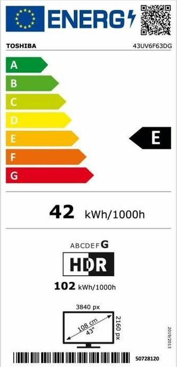 Energie-Label Toshiba Smart Tv 43Uv6F63Dg Dled 4K Ultra Hd 43" (43", LED, 4K, 2024)