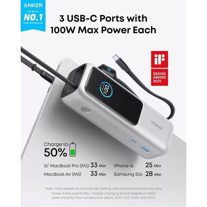 Actual product image Anker 165W, 3 x USB-C, 1 x USB-A Power Bank Silver (25000 mAh, 165 W)