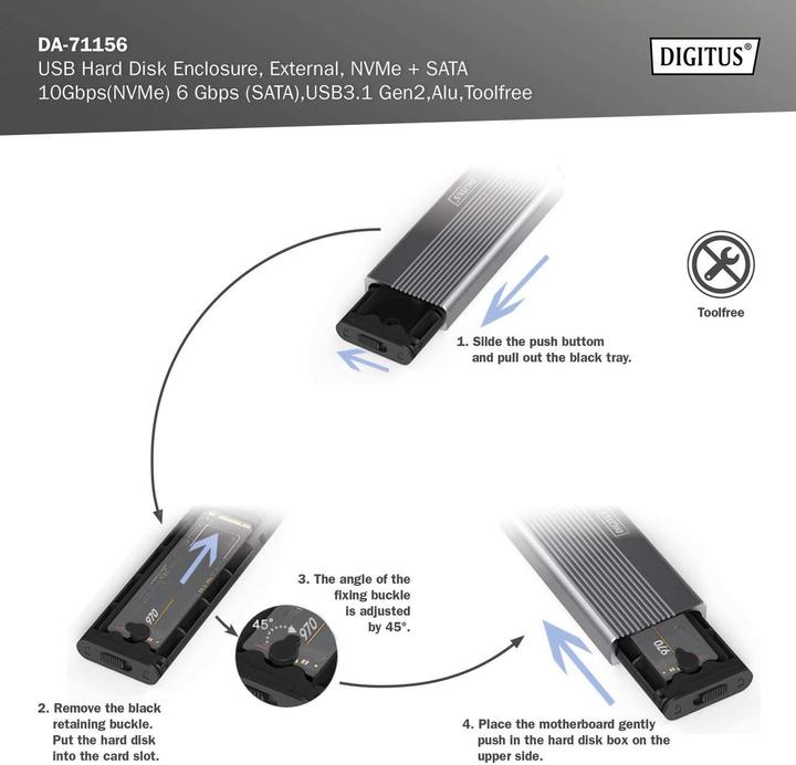 Immagine prodotto Digitus Alloggiamento per disco rigido USB M.2, SSD, esterno, NVMe + SATA, 10 Gbps (NVMe) 6 Gbps (SATA), USB (M.2 2280, M.2 2230, M.2 2260, M.2 2242)