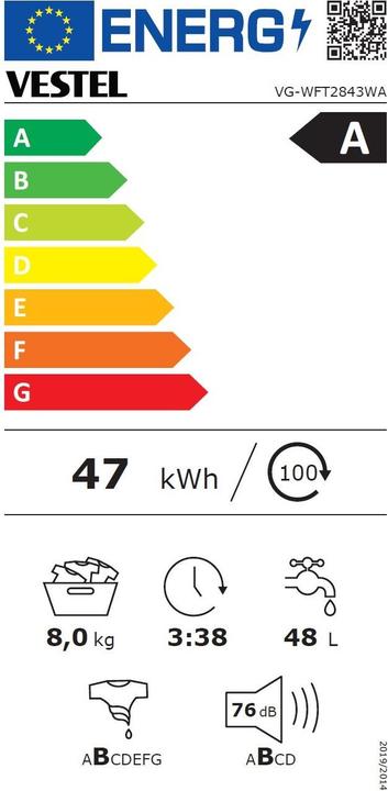 Energie-Label Vestel VG-WFT2843WA Set mit Lenor (8 kg, Links)