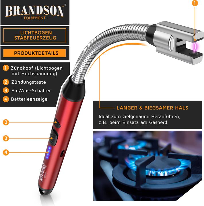 Actual product image Brandson Feuerzeug elektrisch, Lichtbogen Stabfeuerzeug USB aufladbar, flexibler Hals, Kaminanzünder, rot