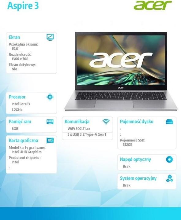 Actual product image Acer Aspire 3 i3-1215U 15.6" 8GB 512GB no OS (15.60", 512 GB, 8 GB, Eng. Int., Intel Core i3-1215U)