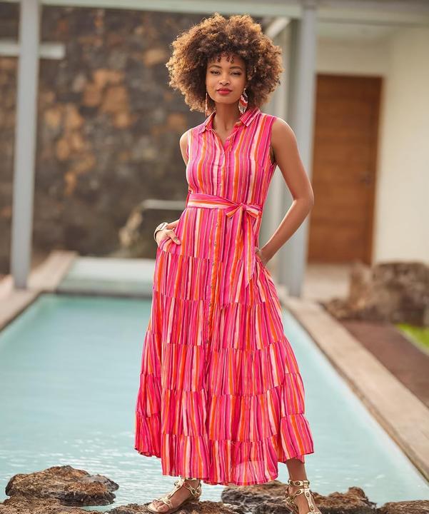 Actual product image Joe Browns Petite Striped Sleeveless Button Through Maxi Shirt Dress (44)