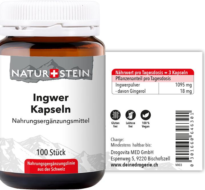Valori nutrizionali e ingredienti Naturstein Ingwer (100 Pezzo/i, Pillole, 147 g)