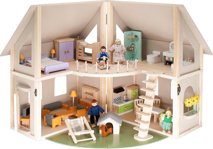Howa Puppenhaus aus Holz klappbar inkl. 30tlg. Möbelset, 4 Puppen und Hund 7016