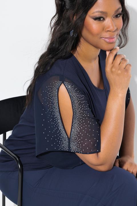 Image du produit Ulla Popken Blouses avec pierres fantaisies, décolleté en V et manches 3/4 en mousseline, coupe évasée (50, 52)
